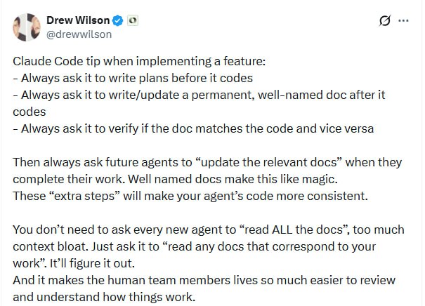 让AI写代码更靠谱的秘诀：先规划，后记录，再验证 | 帖子用Claude Code开发功能时，很多人直接让它动手写代码，结果往往是代码越写越乱，新开一个会话又要从头解释一遍