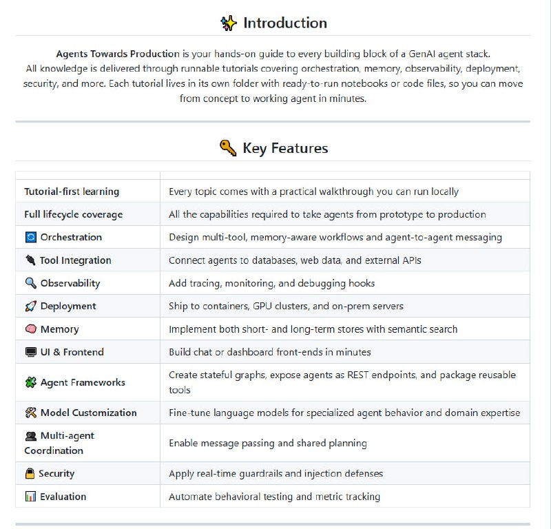 将AI Agent从想法变为生产级产品的开源实战指南提供从零到生产级的全生命周期覆盖；包含20+可运行的教程，涵盖编排、内存、部署等关键模块；支持多Agent协作与实时安全防护agents-towards-production | #指南将AI Agent从想法变为生产级产品的开源实战指南提供从零到生产级的全生命周期覆盖；包含20+可运行的教程，涵盖编排、内存、部署等关键模块；支持多Agent协作与实时安全防护agents-towards-production | #指南