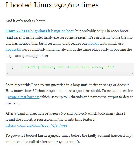 Linux 6.4内核有一个bug可能导致启动时挂起，但概率很低