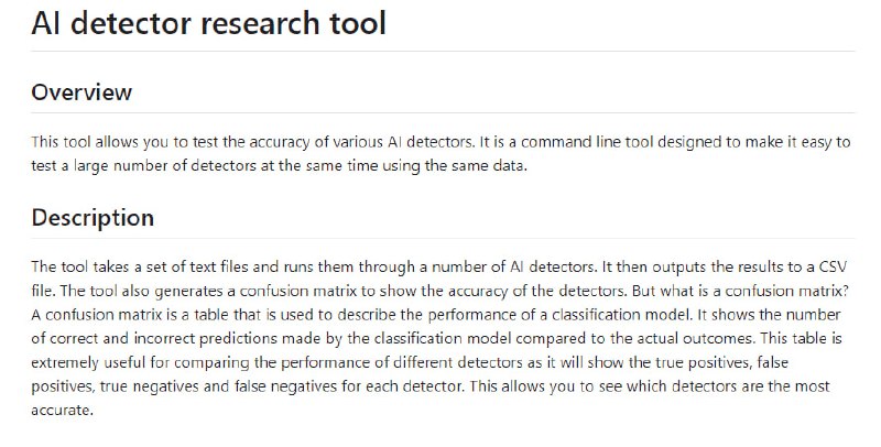 AI detector research tool：用于测试各种AI检测器准确性的命令行工具，可以同时对大量检测器进行测试，并生成混淆矩阵以评估性能 | #命令行 #工具