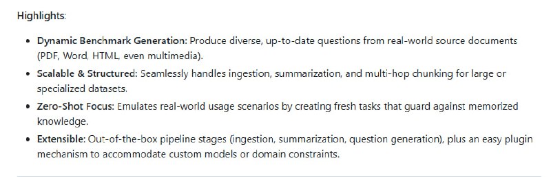 为你的数据量身定制的大型语言模型基准测试框架动态生成零样本基准，实时更新知识需求；支持多种数据格式（PDF、Word、HTML等），适应多样化场景；强大的可扩展性，轻松集成自定义模型或领域约束YourBench | #框架为你的数据量身定制的大型语言模型基准测试框架动态生成零样本基准，实时更新知识需求；支持多种数据格式（PDF、Word、HTML等），适应多样化场景；强大的可扩展性，轻松集成自定义模型或领域约束YourBench | #框架