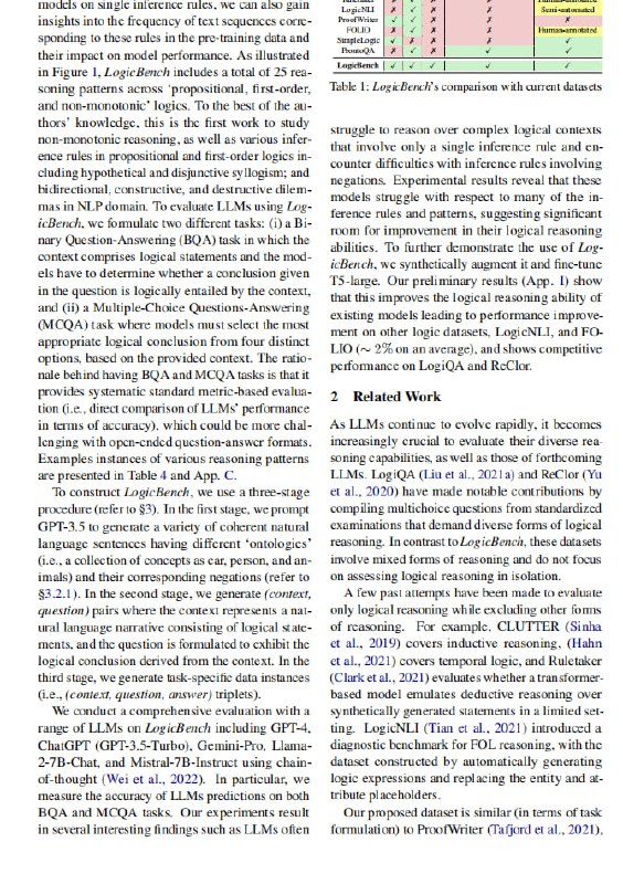 LogicBench通过设计包含25种推理模式的问答数据集，系统地评估了大型语言模型在命题逻辑、一阶逻辑和非单调逻辑方面的逻辑推理能力，发现现有模型在处理复杂推理和否定时存在明显缺陷，为未来的研究提供了有价值的洞见