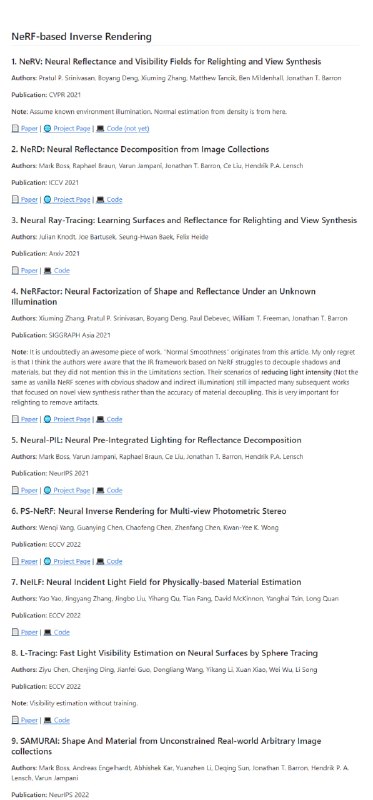 收集了基于 NeRF的逆渲染论文的资源集合 | Awesome-Inverse-Rendering收集了基于 NeRF的逆渲染论文的资源集合 | Awesome-Inverse-Rendering