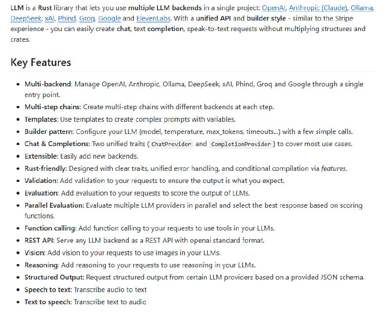 强大的Rust库和CLI工具，统一管理多种LLM和语音后端（OpenAI、Claude、Gemini、Ollama、ElevenLabs等），简化复杂AI工作流