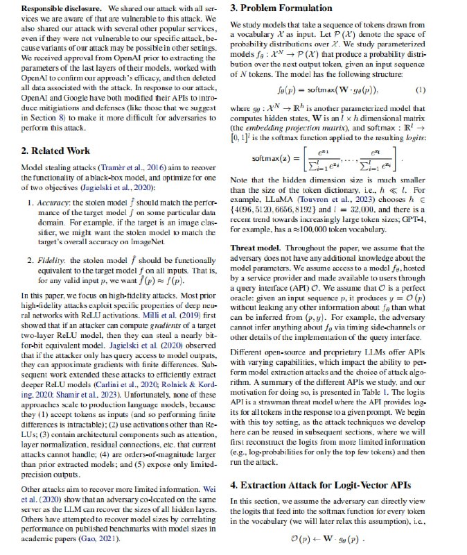 研究人员设计了一种低成本的模型参数提取攻击，可针对商业语言模型API恢复部分关键参数，提醒需要警惕模型泄露风险，并采取适当防御措施