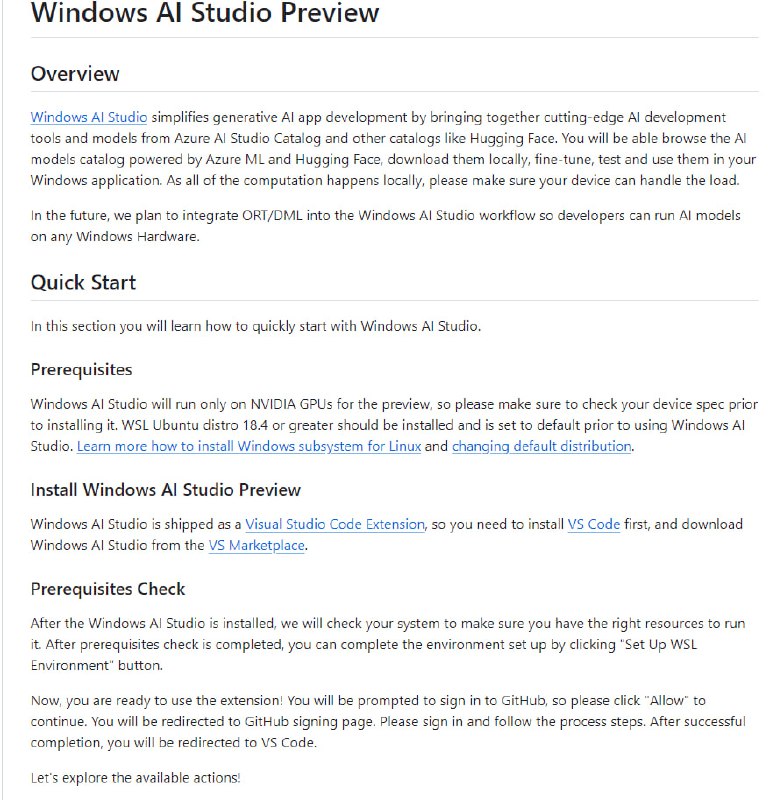 微软提供的AI开发工具，可以简化生成式AI应用的开发过程，集成了来自Azure AI Studio目录和Hugging Face等目录的先进AI开发工具和模型，可以浏览AI模型目录，将其下载到本地，进行模型微调、测试并在Windows应用中使用