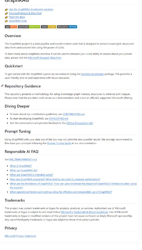 GraphRAG：基于图的检索增强生成（RAG）系统，使用大语言模型（LLMs）从非结构化文本中提取有意义的结构化数据，增强模型对私有数据的推理能力