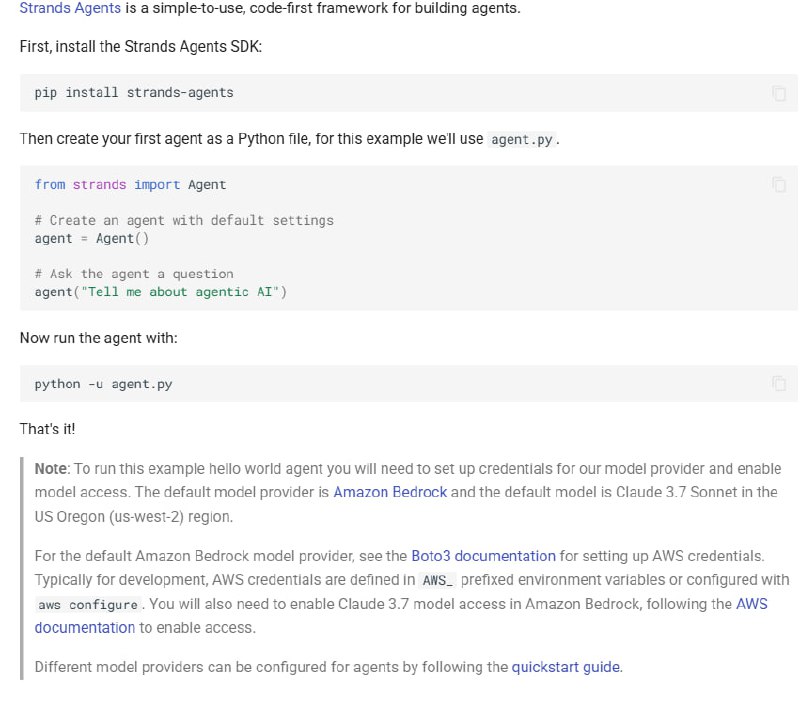 Strands Agents SDK：用几行代码就能构建强大的AI Agent支持多种模型提供商，如Amazon Bedrock、Anthropic、Llama等；轻量级且灵活，简单易用；提供丰富的工具支持，快速搭建复杂工作流Strands Agents SDK：用几行代码就能构建强大的AI Agent支持多种模型提供商，如Amazon Bedrock、Anthropic、Llama等；轻量级且灵活，简单易用；提供丰富的工具支持，快速搭建复杂工作流