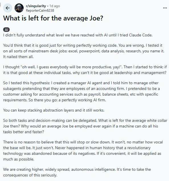 AI能做一切白领工作了吗？一个实验引发的思考 | 帖子一位用户发帖称，自己用Claude Code测试了各种主流办公任务：Excel、PPT、数据分析、研究调查，全部搞定