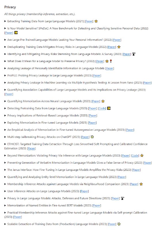 llm-sp：LLM安全和隐私相关论文和资源列表，包含了各种漏洞、防御策略、应用案例等内容llm-sp：LLM安全和隐私相关论文和资源列表，包含了各种漏洞、防御策略、应用案例等内容