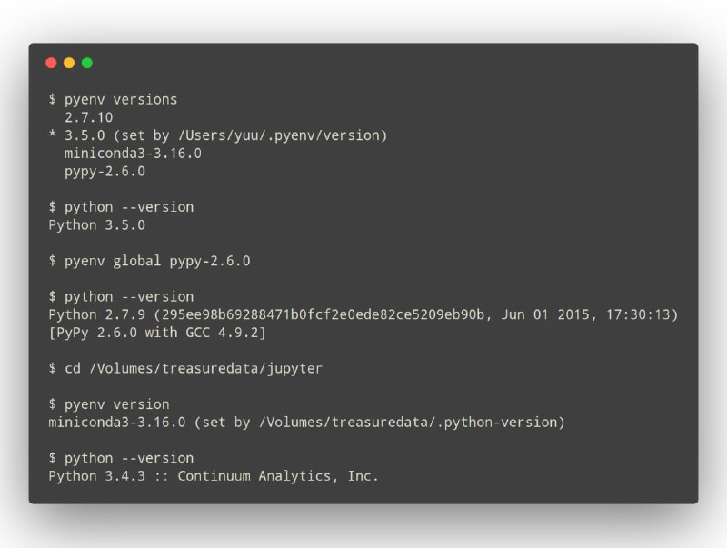 pyenv 可以轻松地在多个 Python 版本之间切换，简单易用，遵循 UNIX 的传统，即做好一件事的单一用途工具