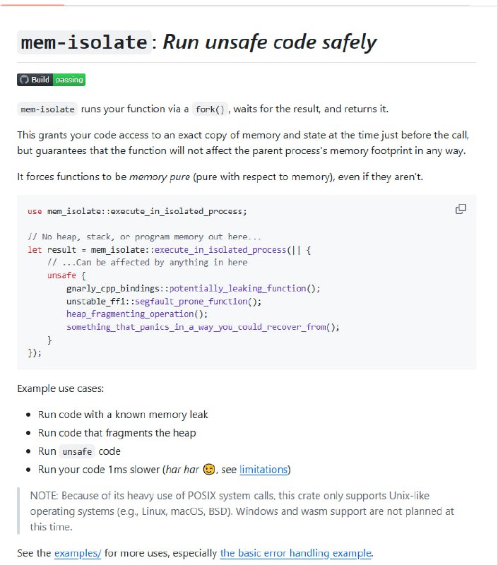 mem-isolate：让运行不安全代码变得安全利用 fork() 实现内存隔离，确保代码运行不影响主进程；支持运行有内存泄漏风险的代码；性能开销仅约1ms，性价比超高mem-isolate：让运行不安全代码变得安全利用 fork() 实现内存隔离，确保代码运行不影响主进程；支持运行有内存泄漏风险的代码；性能开销仅约1ms，性价比超高