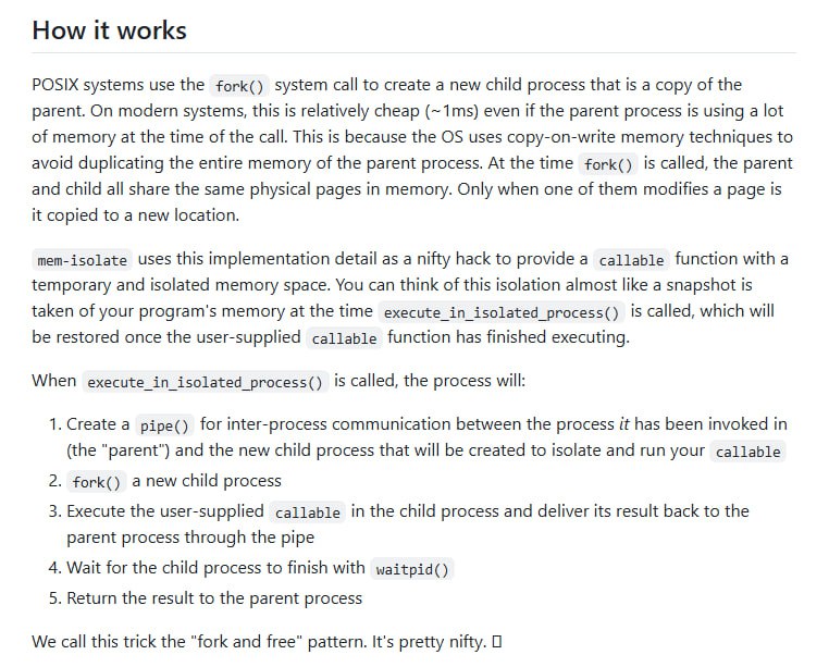 mem-isolate：让运行不安全代码变得安全利用 fork() 实现内存隔离，确保代码运行不影响主进程；支持运行有内存泄漏风险的代码；性能开销仅约1ms，性价比超高mem-isolate：让运行不安全代码变得安全利用 fork() 实现内存隔离，确保代码运行不影响主进程；支持运行有内存泄漏风险的代码；性能开销仅约1ms，性价比超高