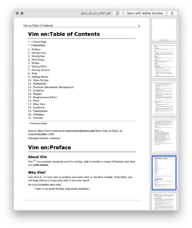 开源 #电子书 ：《A Byte of Vim》 PDF这本书将会教授你一些与 #Vim 相关的基础知识，例如 Vim 的发展历史、安装方式、常用操作与快捷命令，以及如何通过编写脚本与安装插件来扩展更多 Vim 功能