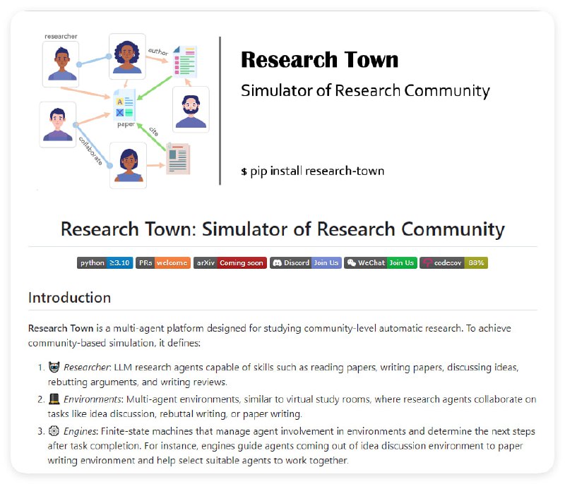 Research Town - Simulator of Research Community：一个模拟研究社区的平台，让开发者能够通过多智能体模拟研究社区，进行论文阅读、写作、讨论想法、反驳论点和撰写评审等活动