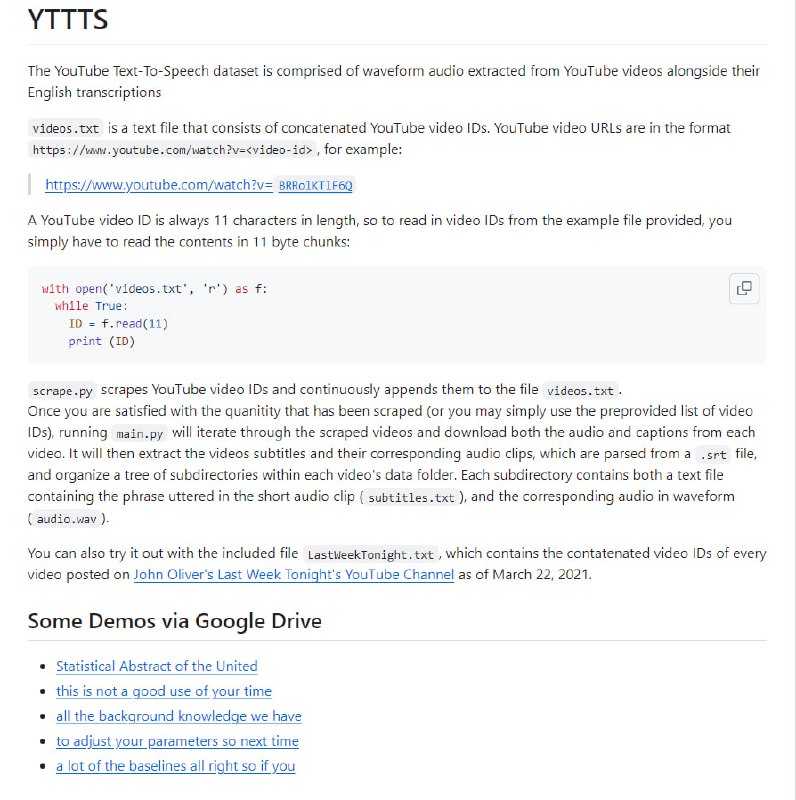 YTTTS：从YouTube视频中提取的音频波形和对应的英文转录对照数据集，用于文本转语音任务，可用于语音克隆、TTS引擎、说话人嵌入和说话人识别等应用