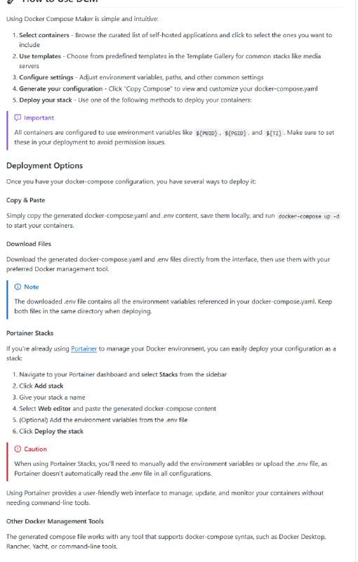 DockerComposeMaker (DCM)：为家庭服务器量身定制的docker-compose.yml文件生成器支持超过50种流行的自托管应用；提供多种预设模板，如媒体服务器、开发环境等；简化部署流程，一键生成配置文件